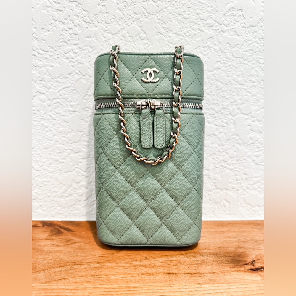 Chanel Classic Vanity Phone Holder with Chain Quilted Caviar Seafoam Green GHW